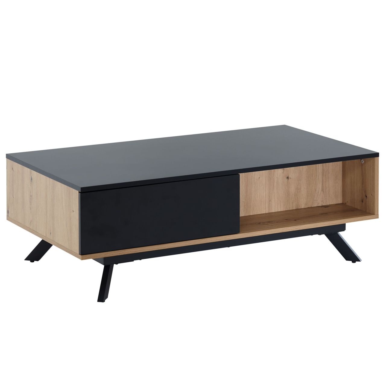 Couchtisch 110x60x38 cm MDF Eiche-Dekor / Schwarz Wohnzimmertisch, Sofatisch Rechteckig mit Stauraum, Kaffeetisch mit Schubladen, Tisch Wohnzimmer mit Metallbeine