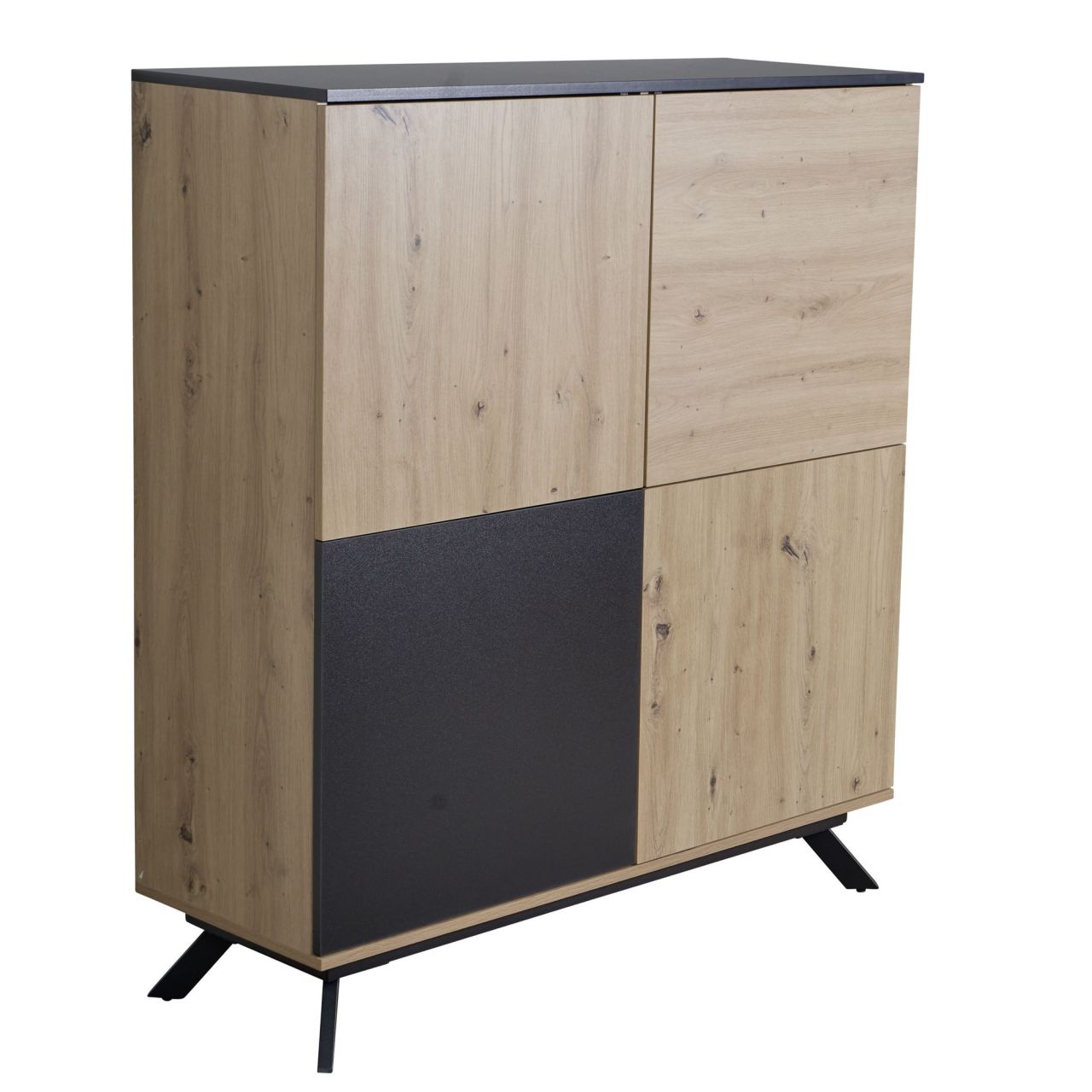 Highboard 110x125x40 cm MDF Sideboard in Eiche-Dekor / Schwarz, Kommode mit 4 Türen, Kommodenschrank Flurschrank Modern, Standschrank Anrichte mit Metallbeine