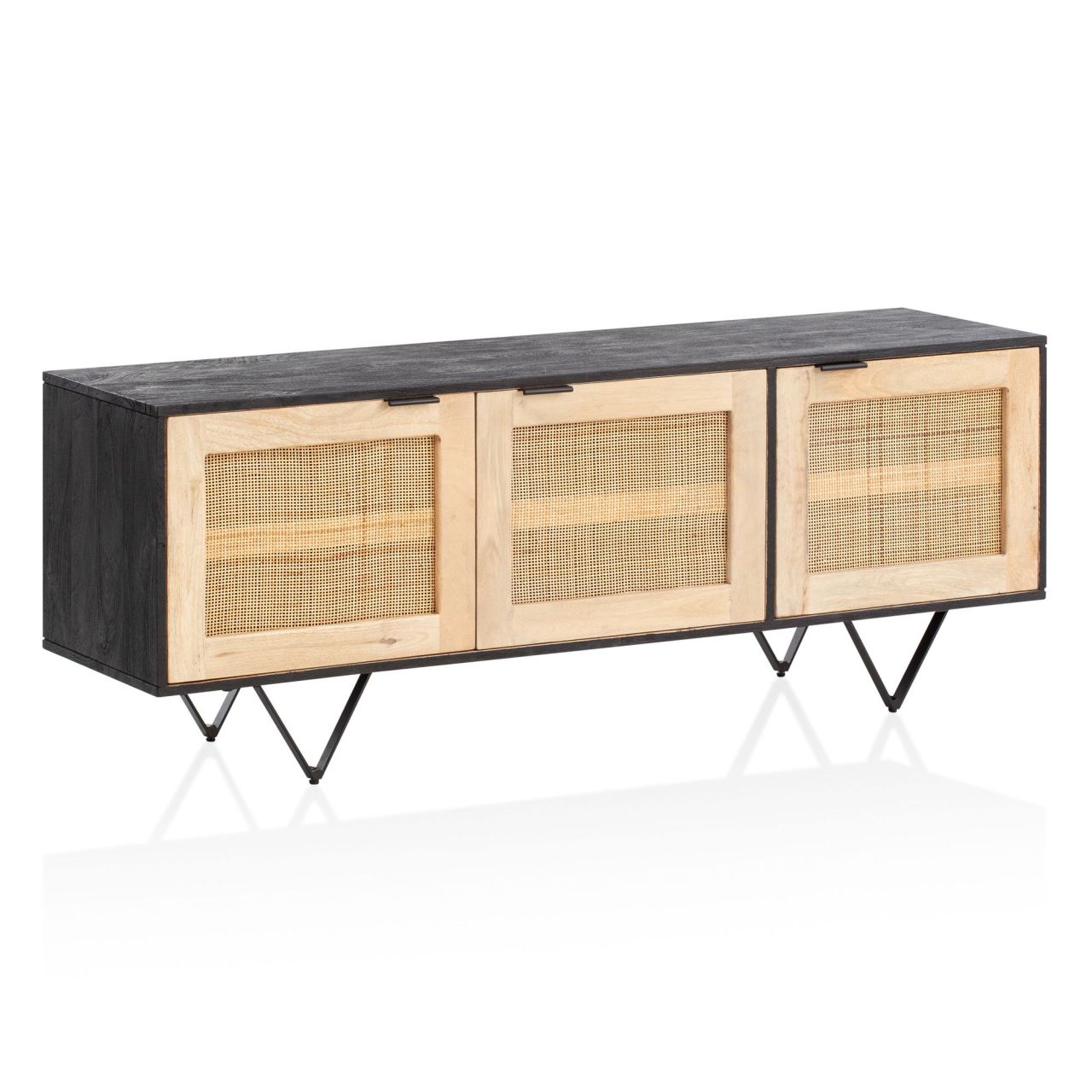 Sideboard 145x55x40 cm Mango Massivholz / Rattan Kommode mit 3 Türen, Niedriger Kommodenschrank Schwarz / Braun, Standschrank Wohnzimmer, Anrichte Rohrgeflecht