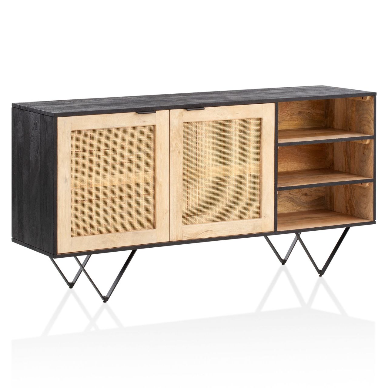 Sideboard 145x75x40 cm Mango Massivholz / Rattan Kommode mit 2 Türen, Hoher Kommodenschrank Schwarz / Braun, Standschrank Wohnzimmer mit Regal, Anrichte Rohrgeflecht