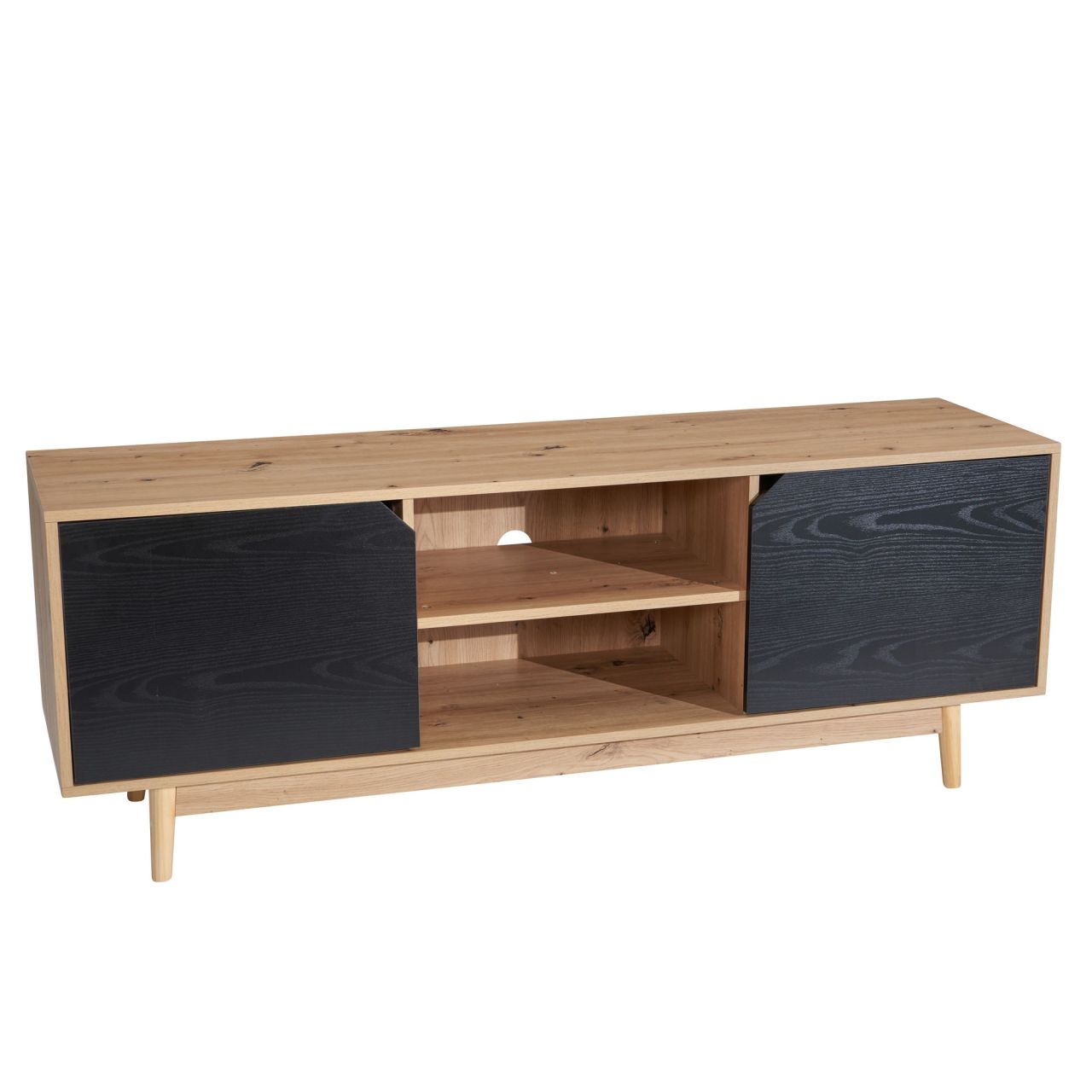 Lowboard Eiche-Dekor Schwarz 150x55x40 cm TV-Kommode Modern, Design TV-Schrank Hoch, Fernsehtisch Fernsehschrank mit zwei Türen, Fernsehkommode Wohnzimmer