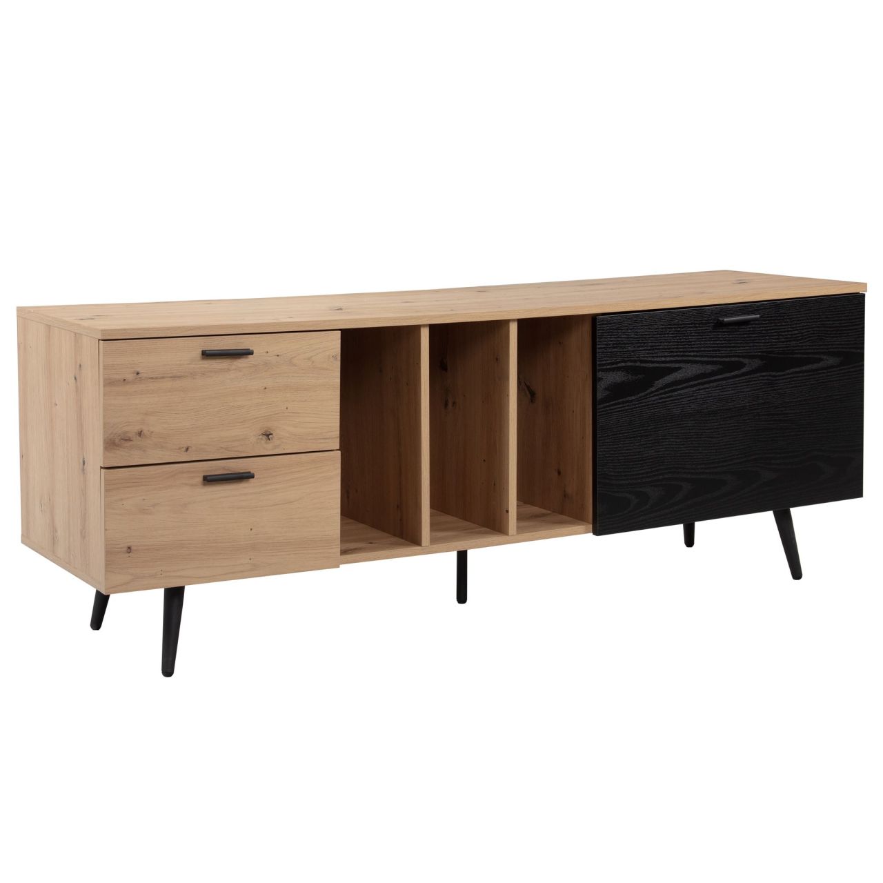 Lowboard Eiche-Dekor Schwarz 150x55x40 cm Design TV-Kommode Modern, TV-Schrank Hoch, Fernsehtisch Fernsehschrank mit Tür & Schubladen, Fernsehkommode Wohnzimmer Modern