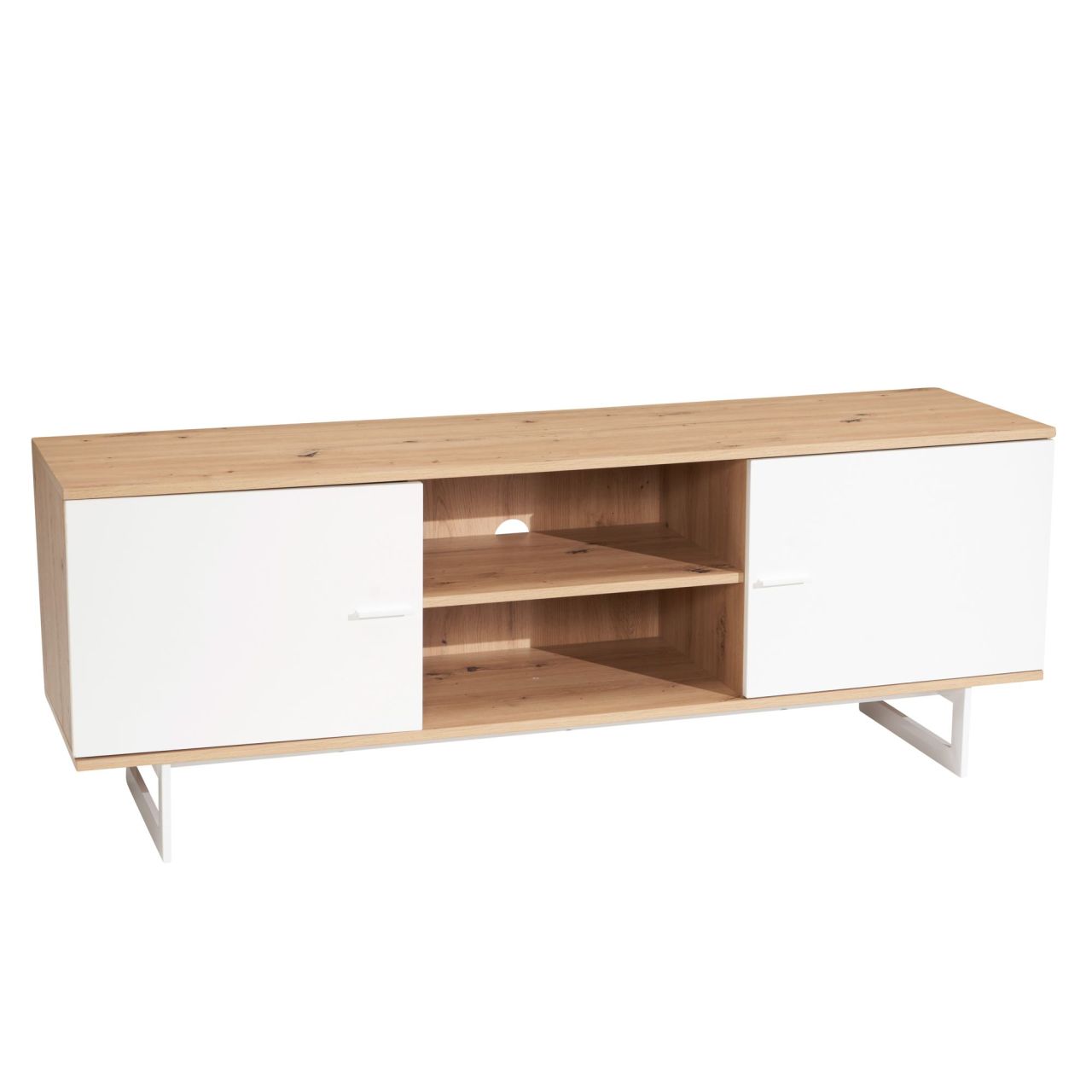 Lowboard Eiche-Dekor Weiß 150x55x40 cm TV-Kommode Modern, Design TV-Schrank Hoch, Fernsehtisch Fernsehschrank mit zwei Türen, Fernsehkommode Wohnzimmer