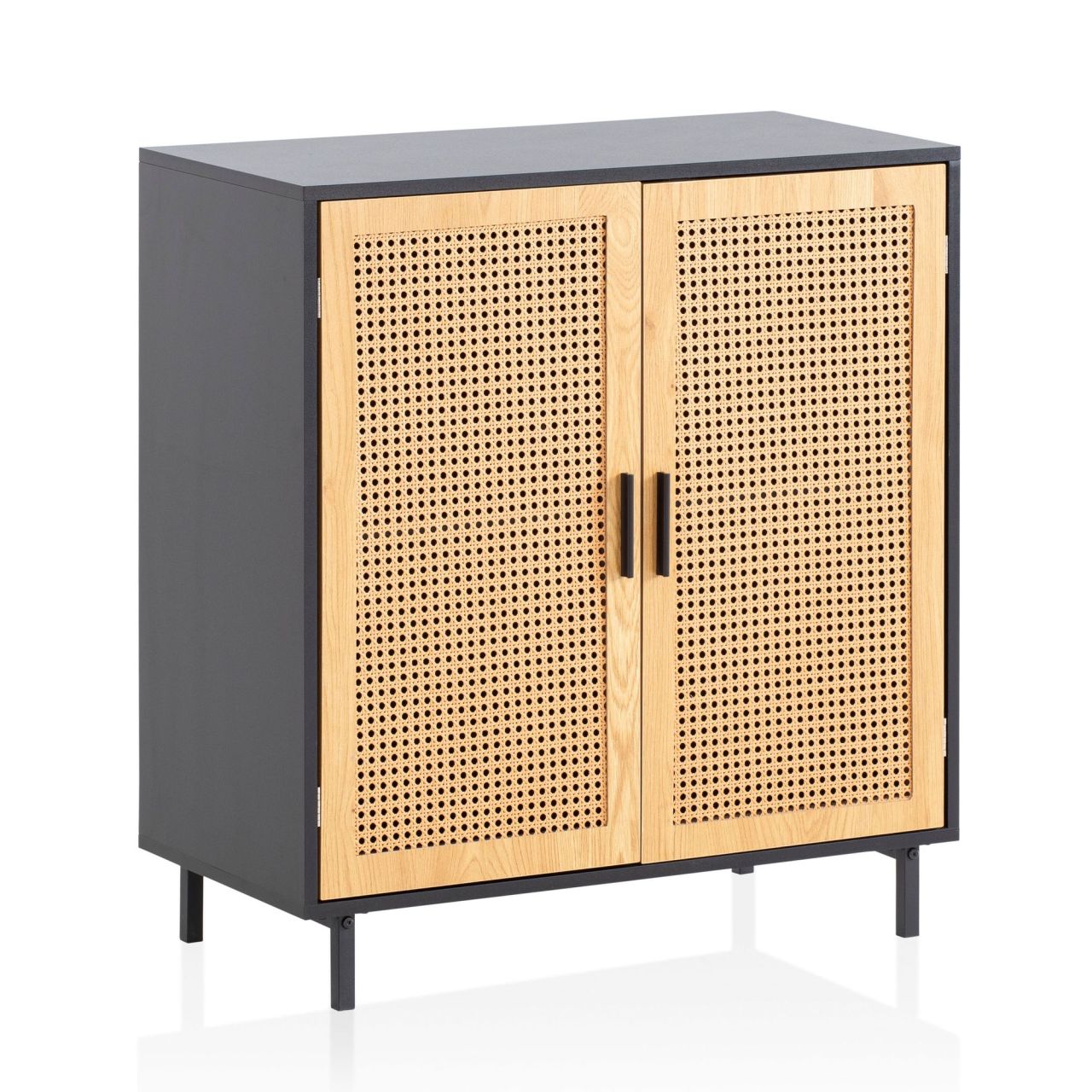 Sideboard 80×86,5×40 cm Kommode Schwarz mit Wiener Geflecht, Hoher Kommodenschrank Zeitlos, Standschrank Wohnzimmer mit 2 Türen, Anrichte Rattan