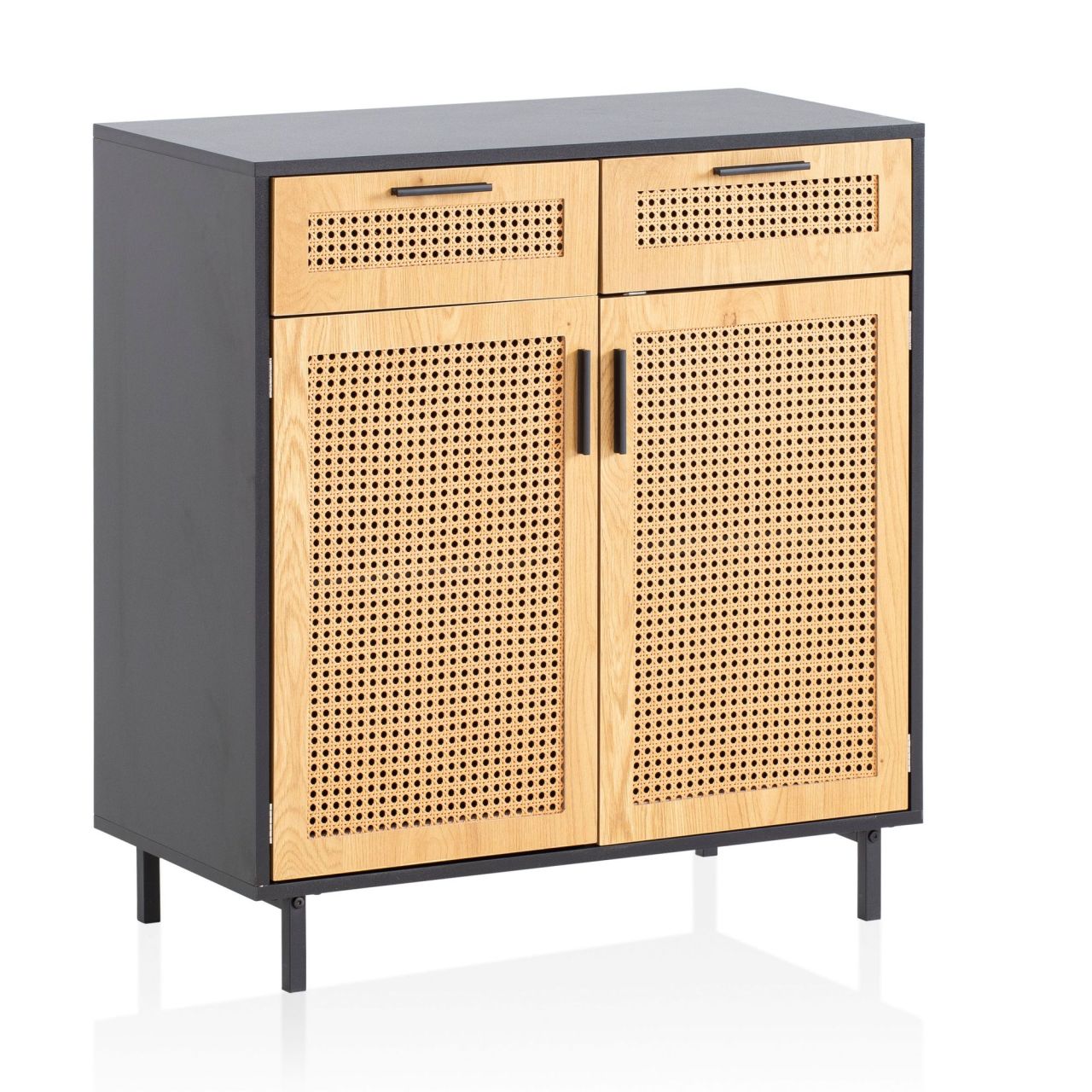 Sideboard 80×86,5×40 cm Kommode Schwarz mit Wiener Geflecht, Hoher Kommodenschrank Zeitlos, Standschrank Wohnzimmer mit 2 Türen und Schubladen, Anrichte Rattan