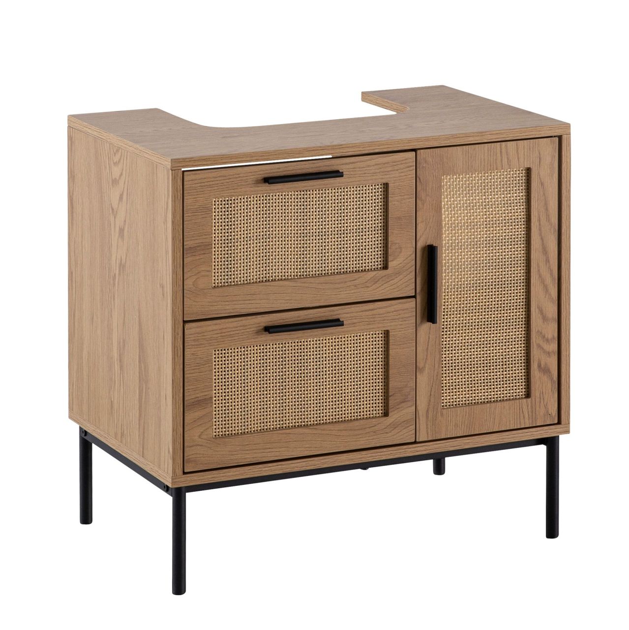 Waschbeckenunterschrank Eiche-Optik 60x60x40 cm mit Tür und Schubladen, Badezimmerschrank mit Rattangeflecht, Unterschrank Stehend, Badschrank Midischrank Klein Waschtisch