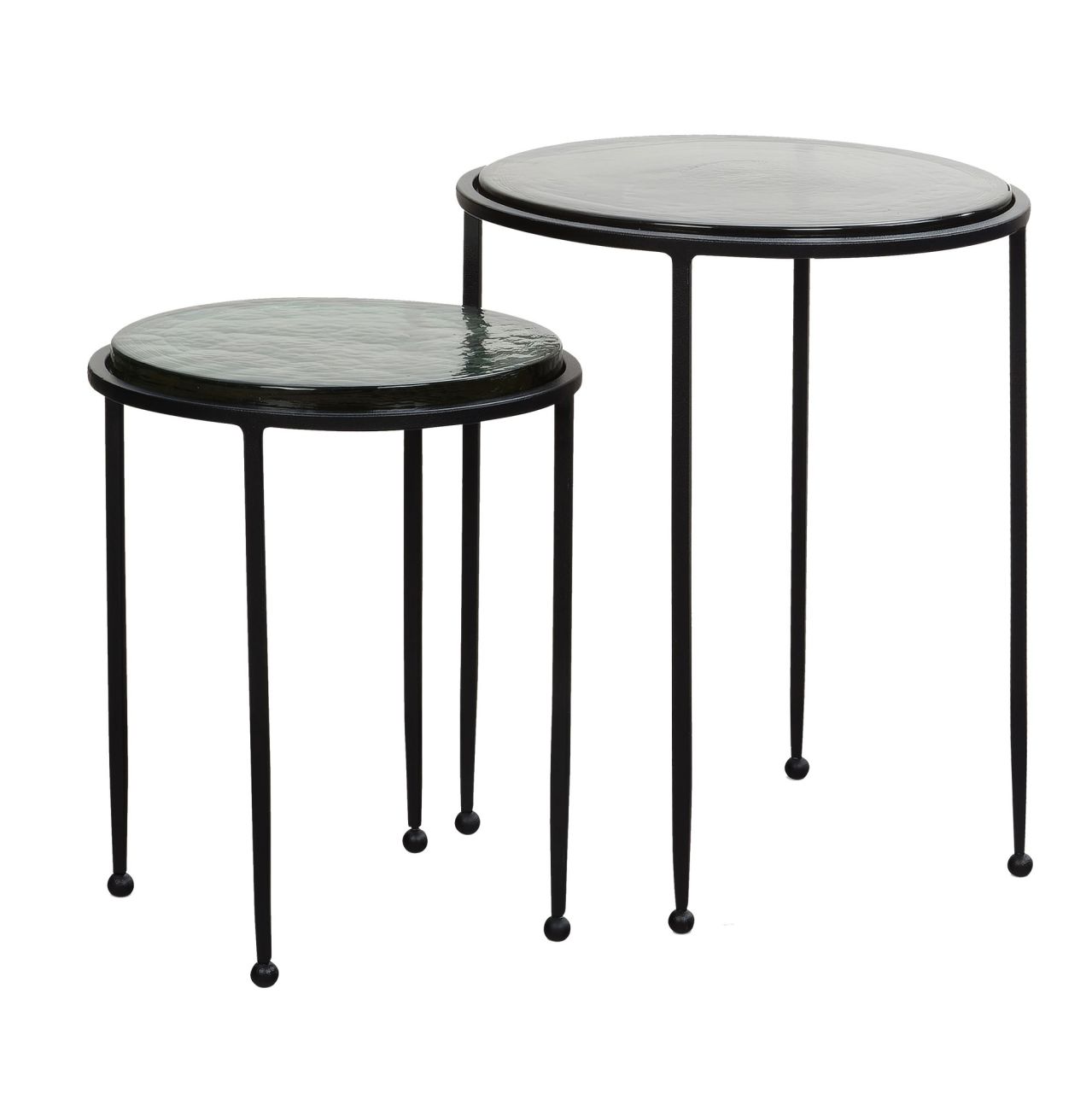 Beistelltisch 2er Set Grün Schwarz Design Satztisch Glas Metall Rund, Wohnzimmertisch Modern, Ausgefallener Couchtisch, Sofatisch 2-teilig abnehmbare Tischplatte