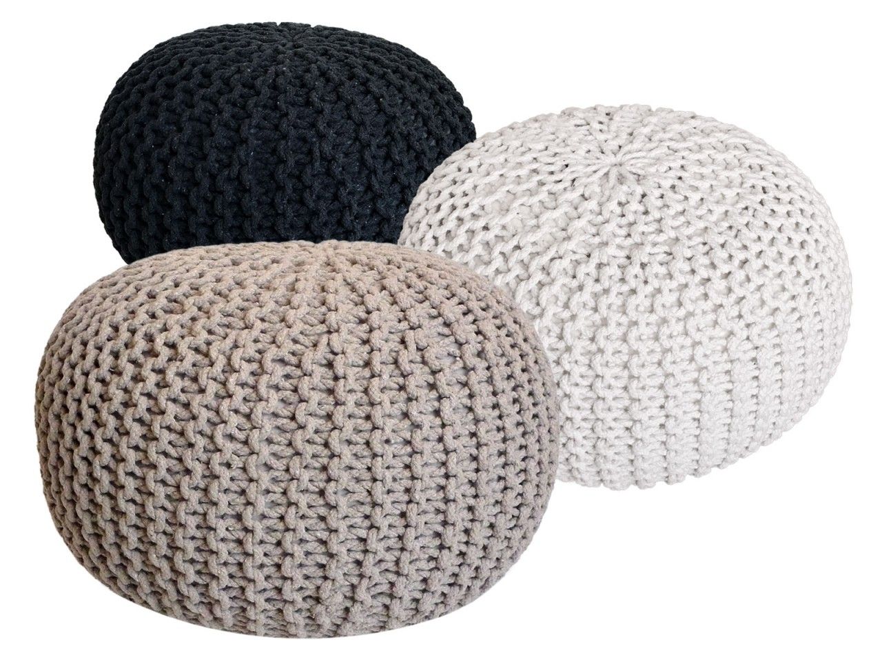 Pouf Set 3 Stück Ø 55 cm Bodenkissen Strickhocker Sitzhocker Sitzkissen Hocker nachhaltig Grobstrick anthrazit & beige & weiß