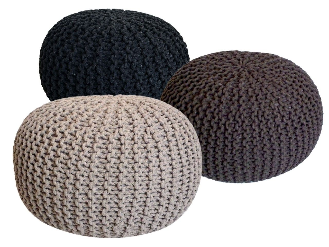 Pouf Set 3 Stück Ø 55 cm Bodenkissen Strickhocker Sitzhocker Sitzkissen Hocker nachhaltig Grobstrick anthrazit & braun & beige