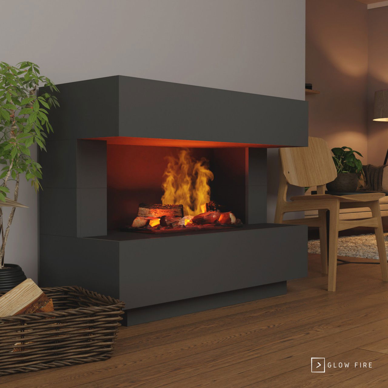 Glow Fire Kant Elektrokamin Grauton OMC 600 mit Deluxe Echtholzdekoration