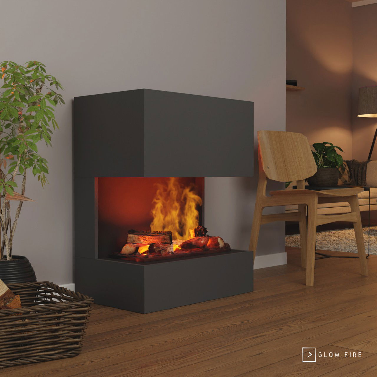 Glow Fire Kästner Elektrokamin Grauton OMC 600 mit Deluxe Echtholzdekoration