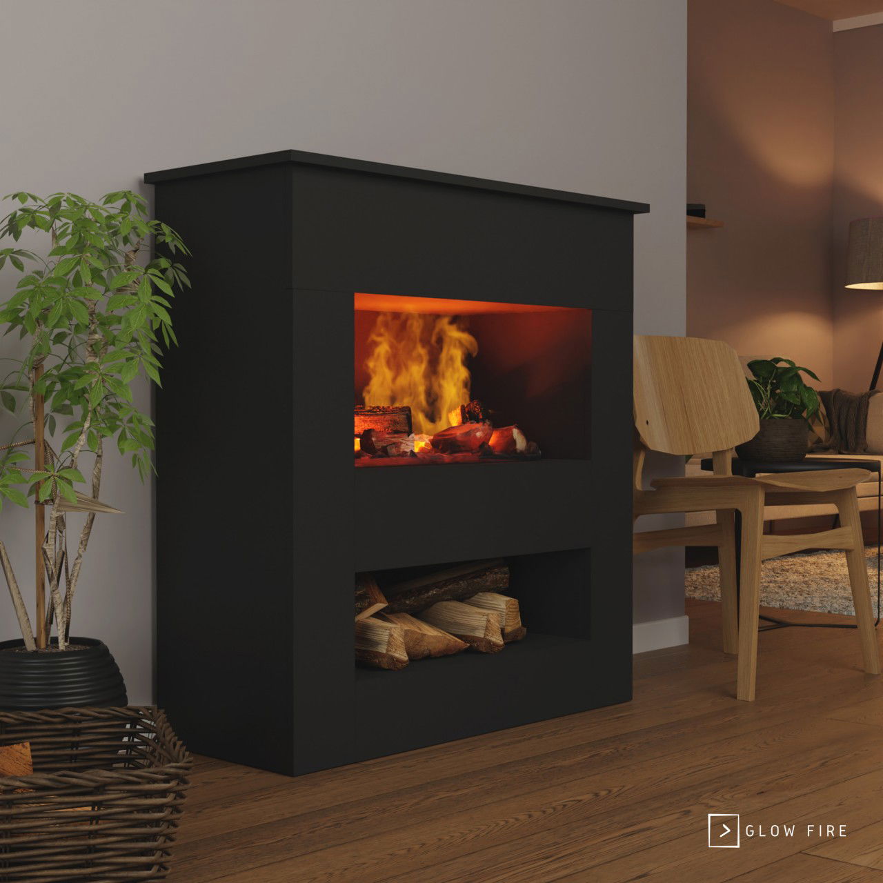 Glow Fire Brecht Elektrokamin Schwarz OMC 600 mit Deluxe Echtholzdekoration