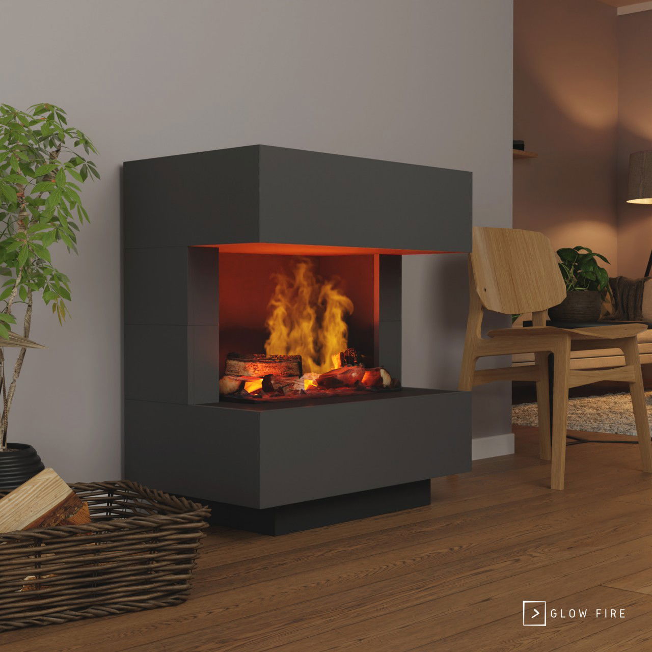 Glow Fire Kleist Elektrokamin Grauton OMC 600 mit Deluxe Echtholzdekoration