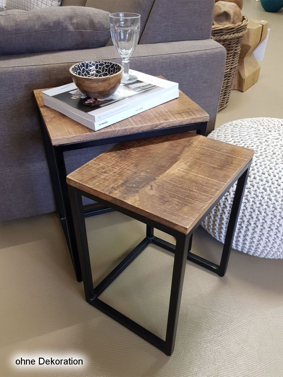 Beistelltisch Holz Satztisch Set 2 Stück Wohnzimmer Tisch Couchtisch Dallas Metall Gestell schwarz matt – tabacco