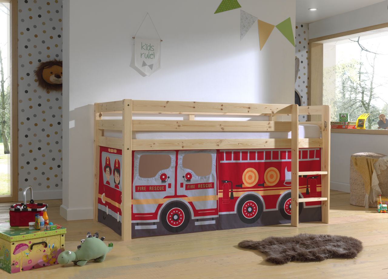 Vipack:“Pino“ Halbhohes Spielbett mit Textilset Feuerwehr – Natur