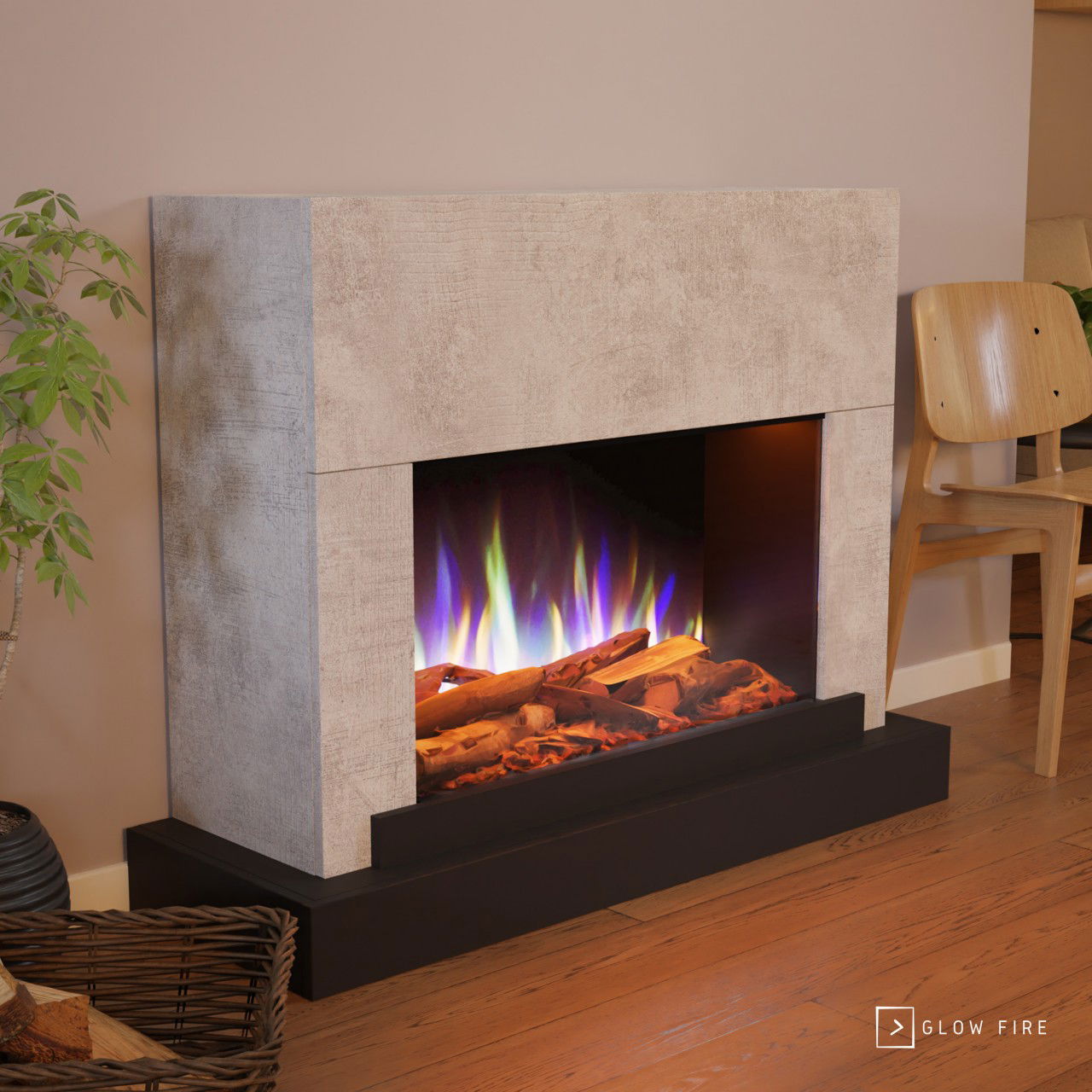 Glow Fire PR4 Elektrokamin E-Motion 3D Beton Deluxe Echtholzdekoration