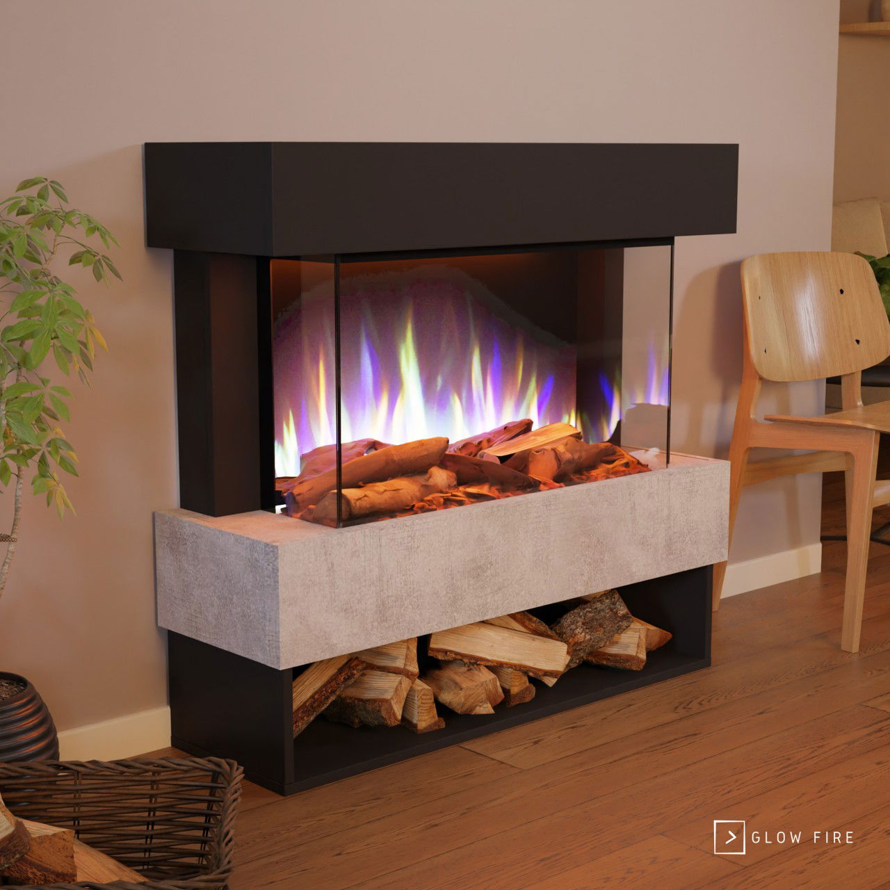 Glow Fire PR5 Elektrokamin E-Motion 3D Schwarz (Beton) Deluxe Echtholzdekoration