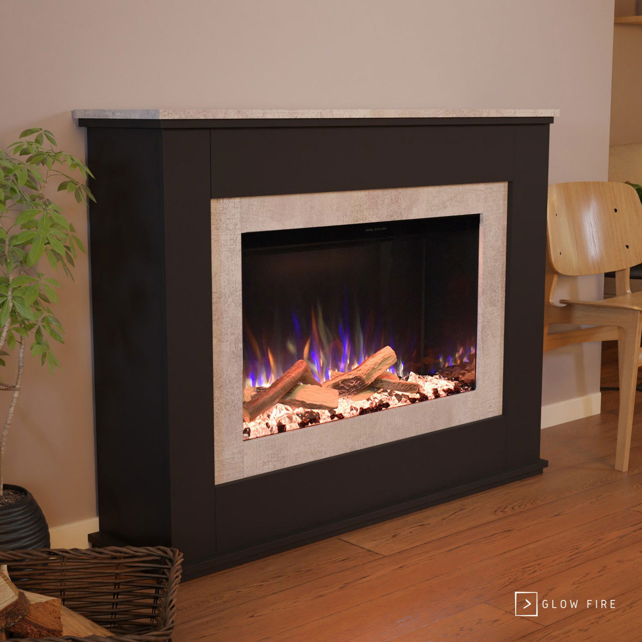 Glow Fire PR6 Elektrokamin E-Motion 3D Schwarz (Beton) Keramikholz, Steine (Kristall und schwarz)