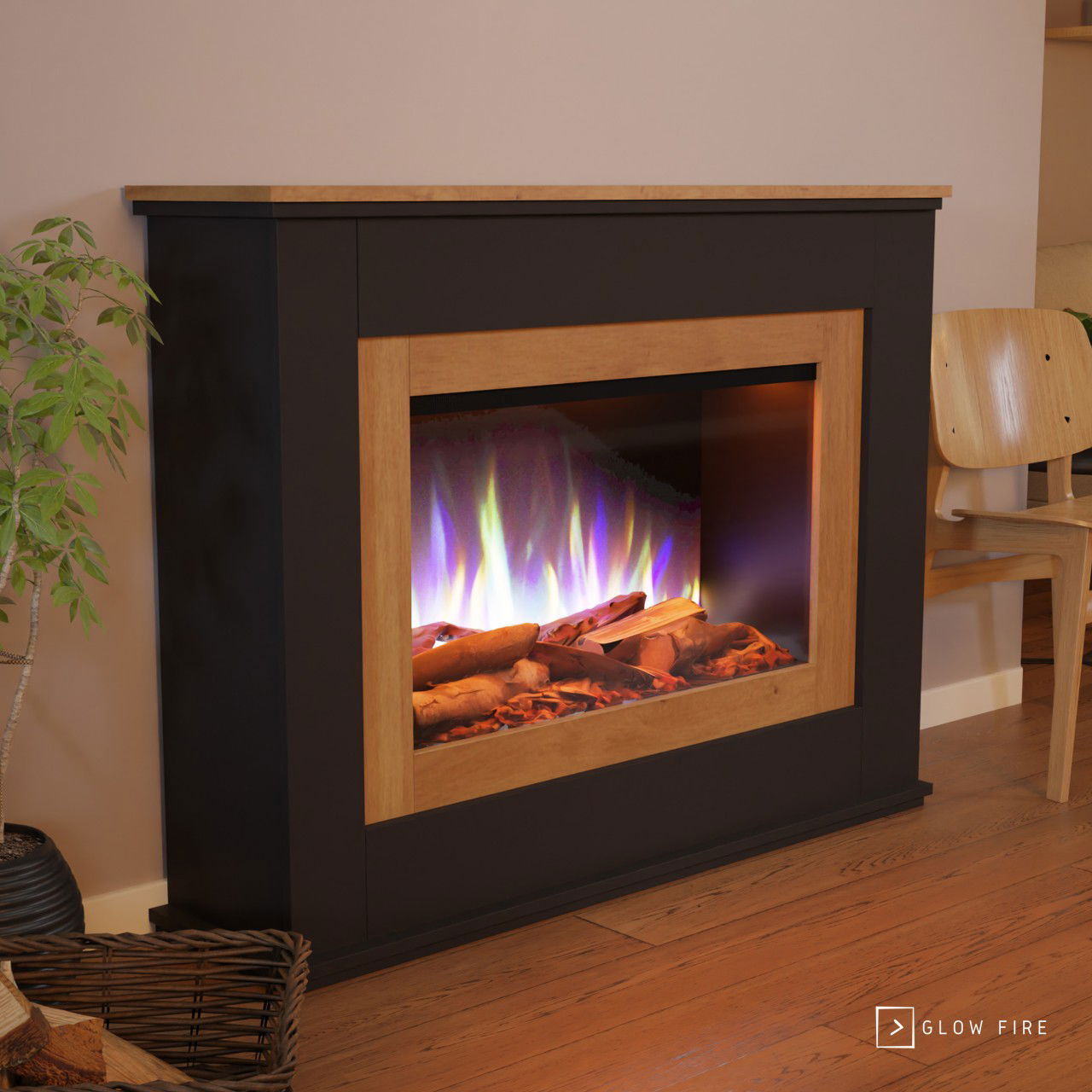 Glow Fire PR6 Elektrokamin E-Motion 3D Schwarz (Eiche) Deluxe Echtholzdekoration