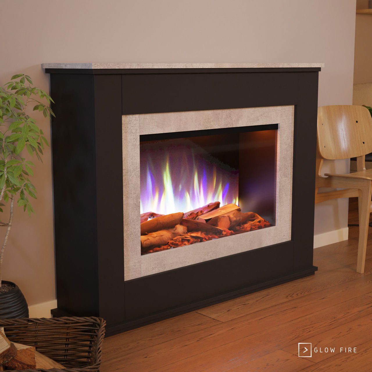 Glow Fire PR6 Elektrokamin E-Motion 3D Schwarz (Beton) Deluxe Echtholzdekoration