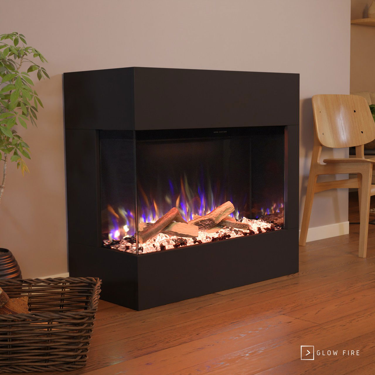 Glow Fire Portia Mini Elektrokamin E-Motion 3D Schwarz Keramikholz, Steine (Kristall und schwarz) linksoffen