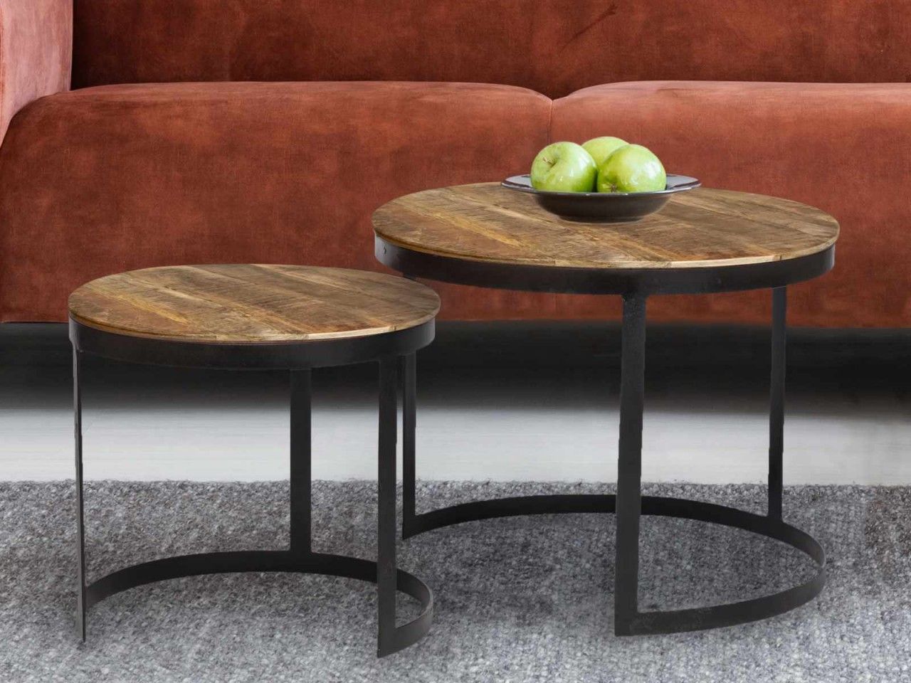 Couchtisch 2er Set Beistelltisch Wohnzimmer-Tisch rund Austin Metall-Gestell altsilber o. schwarz schwarz matt – tabacco