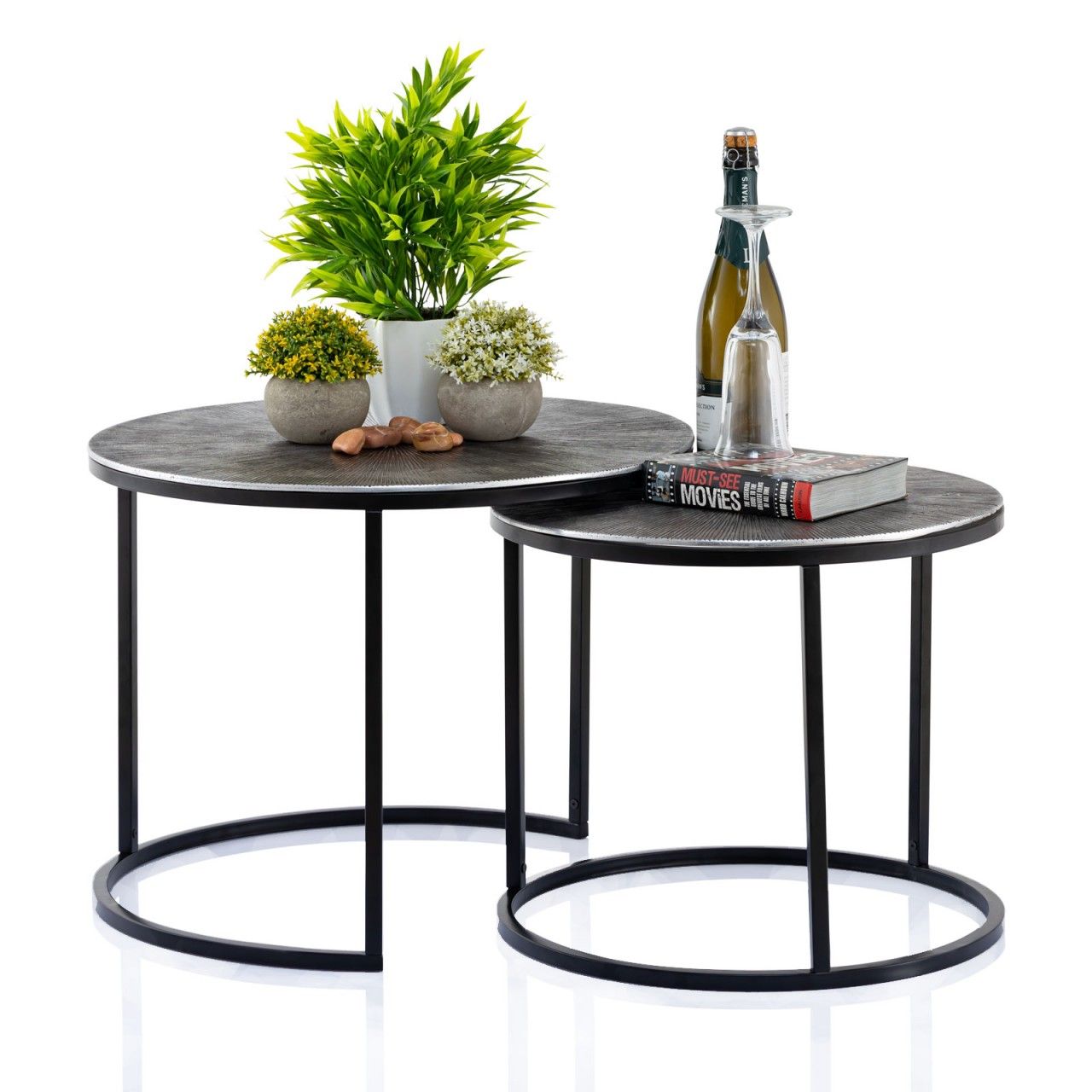 Couchtisch Set 2-teilig ø 55 u. 45 cm Beistelltisch silber Metall Tische rund Carlton Wohnzimmer