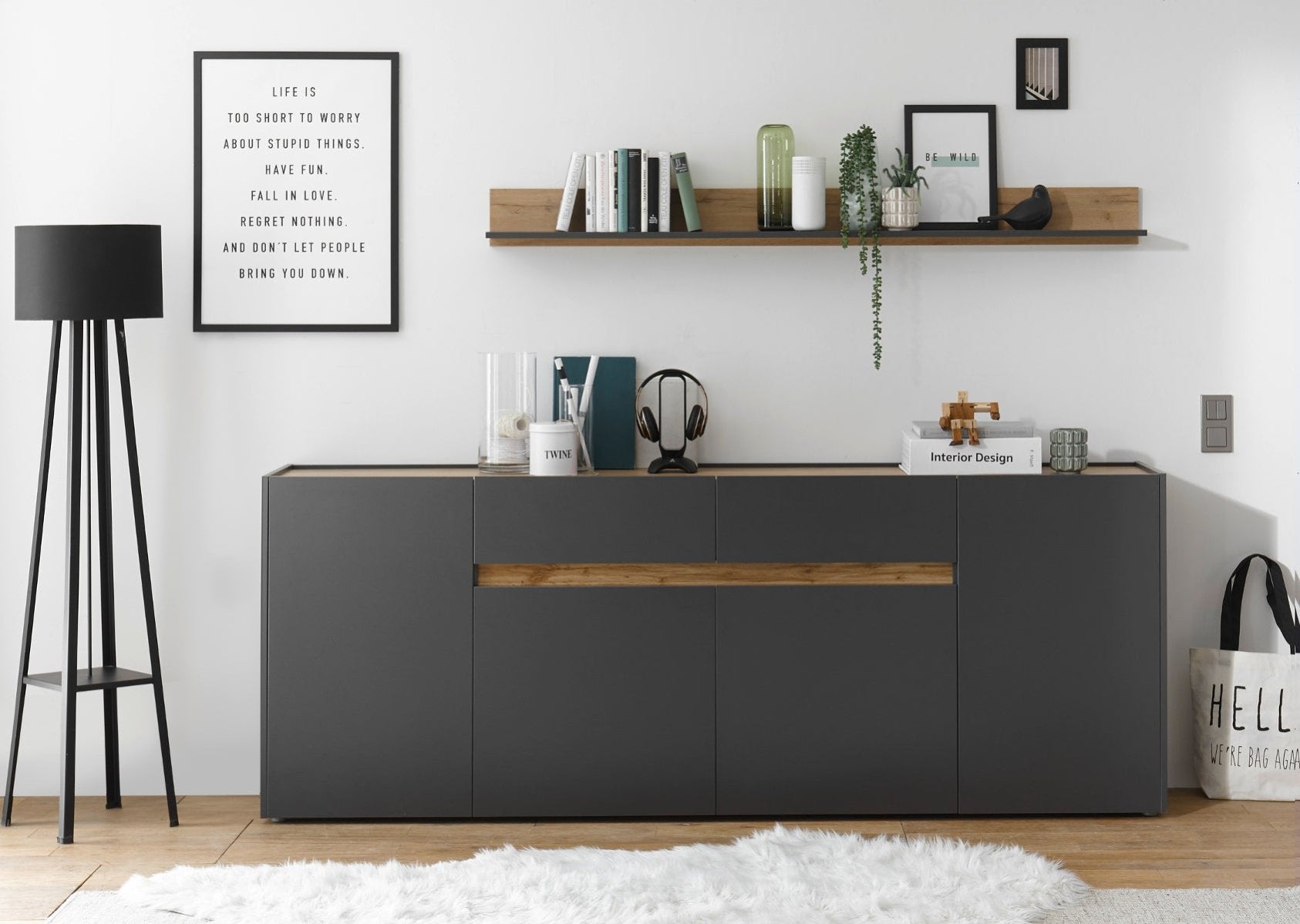 Sideboard 220×87 cm Eiche Anthrazit 4-türig + 2 Schubkästen BOSTON