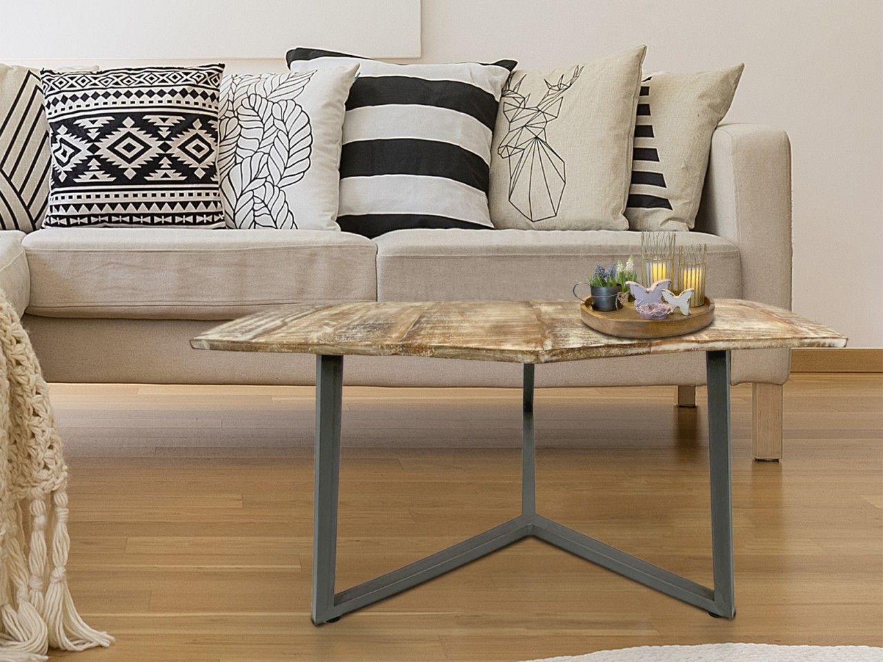 Couchtisch 74 x 56 cm nachhaltig Wohnzimmer Tisch Beistelltisch Lyon Metall-Gestell altsilber – weiß gekälkt