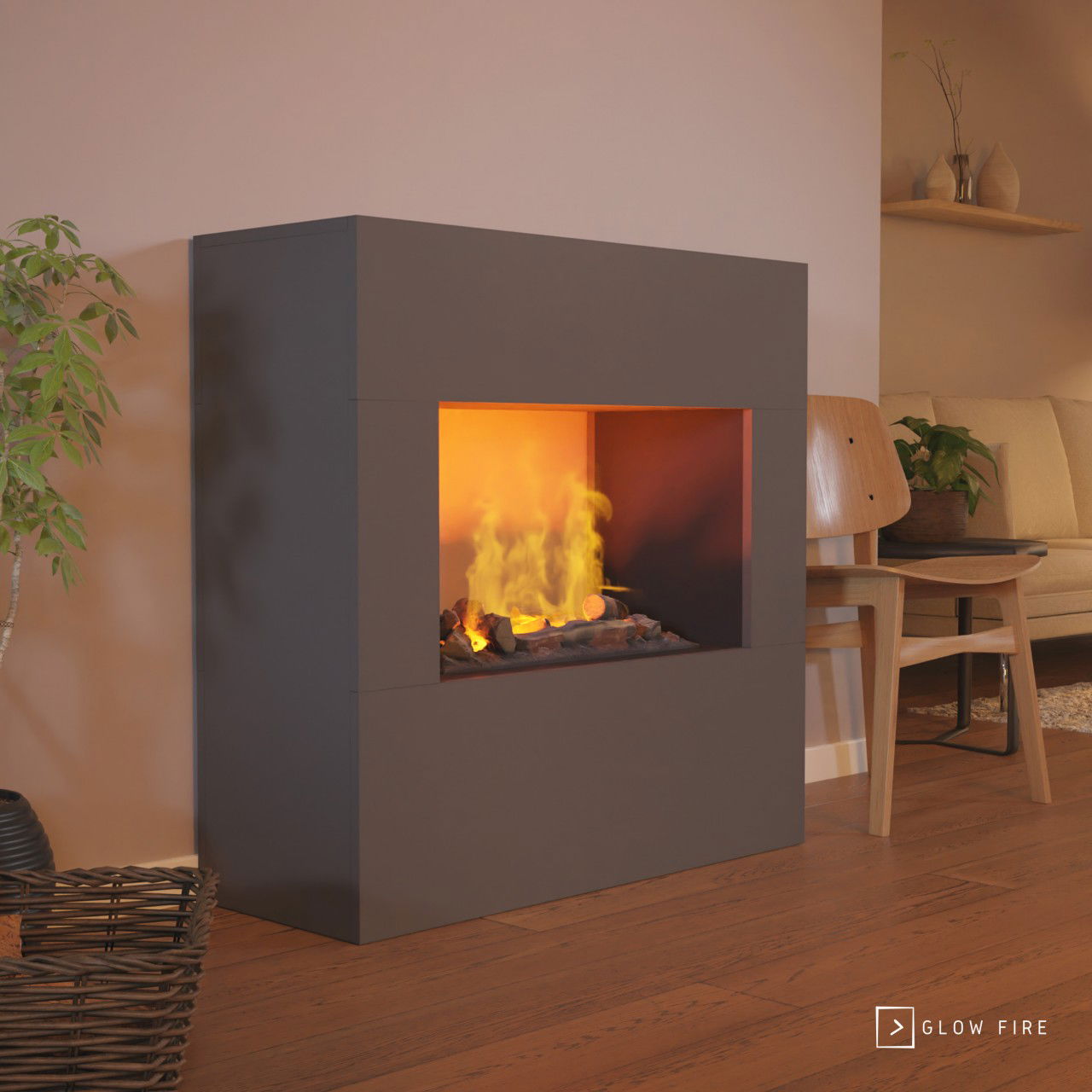 Glow Fire Goethe Elektrokamin Grauton Opti-Myst Cassette 600 mit Holzdekoration