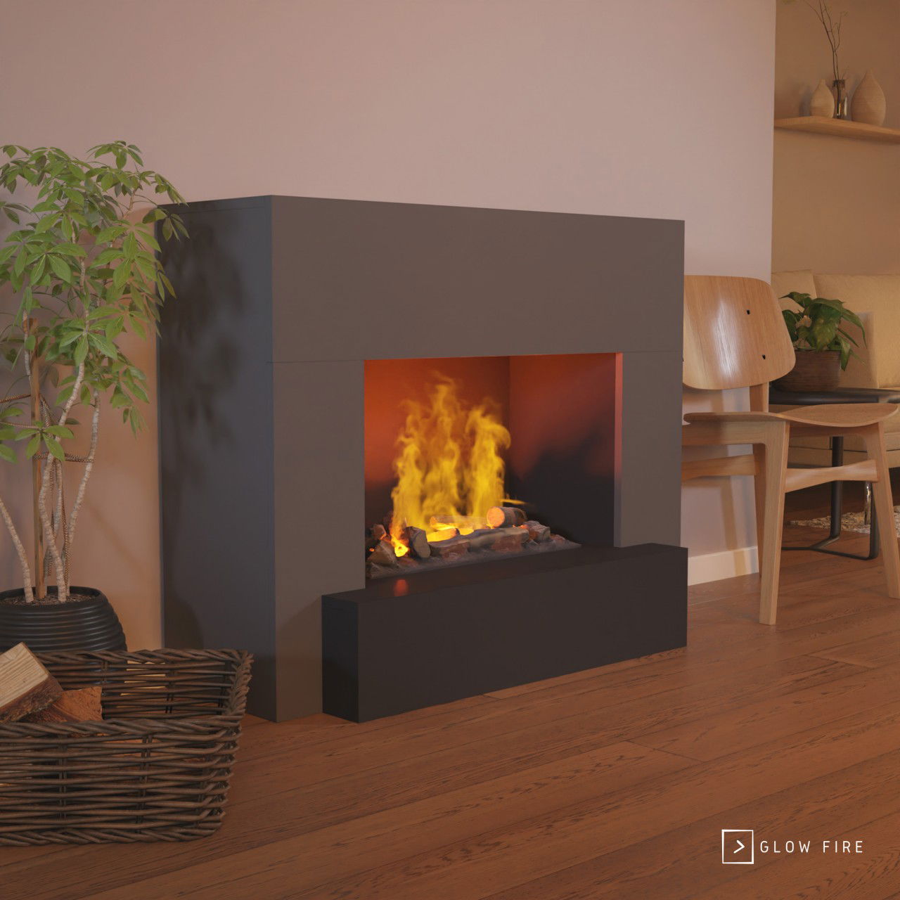 Glow Fire Hauptmann Elektrokamin Grauton Opti-Myst Cassette 600 mit Holzdekoration