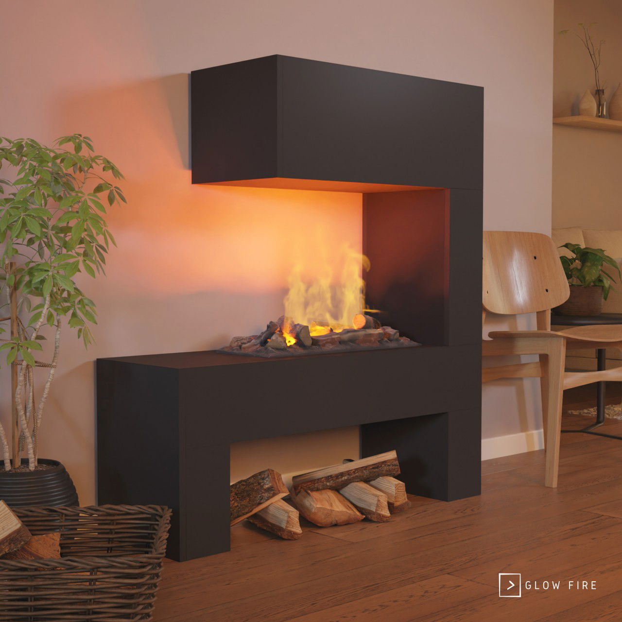 Glow Fire Mozart Elektrokamin Schwarz Opti-Myst Cassette 600 mit Holzdekoration