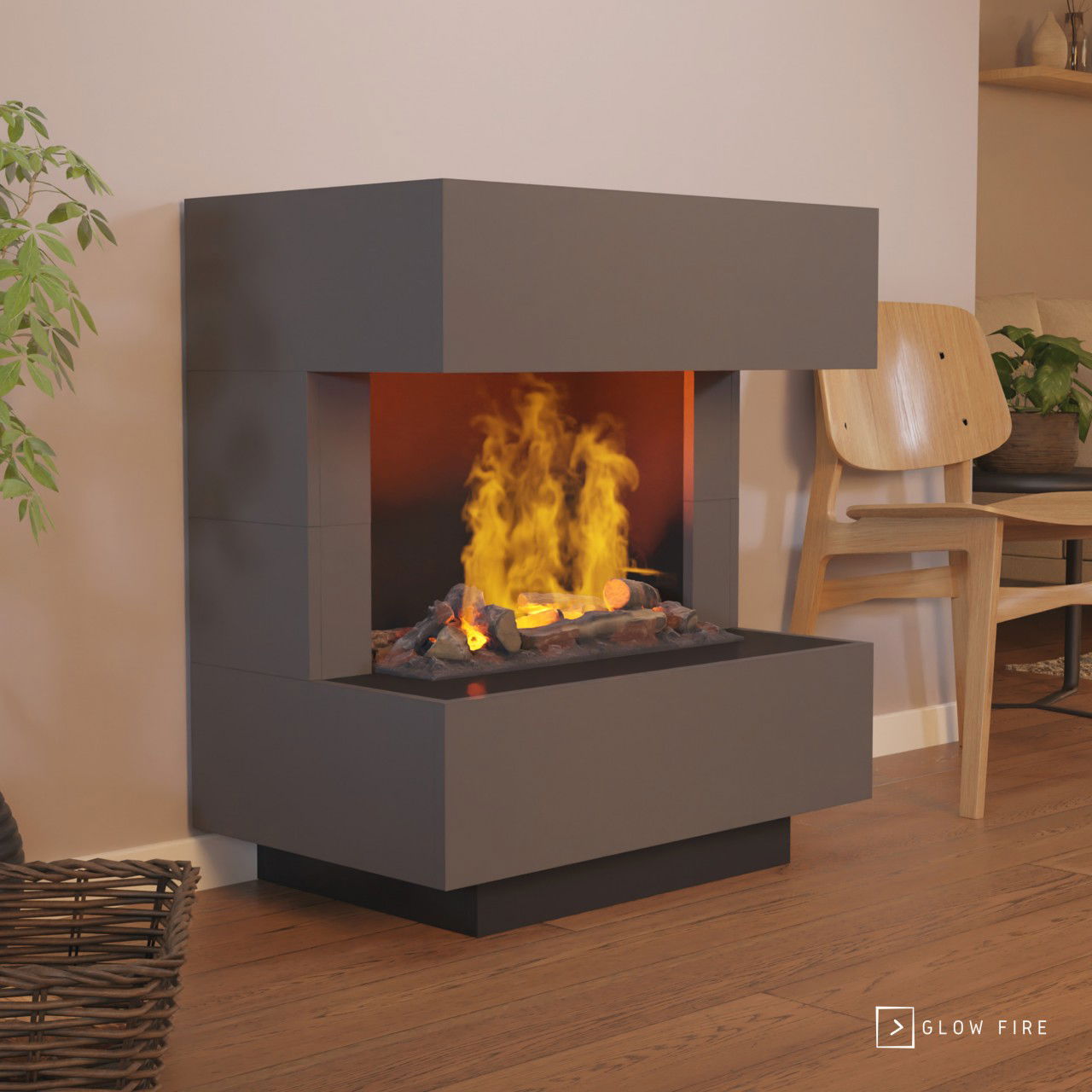 Glow Fire Kleist Elektrokamin Grauton Opti-Myst Cassette 600 mit Holzdekoration