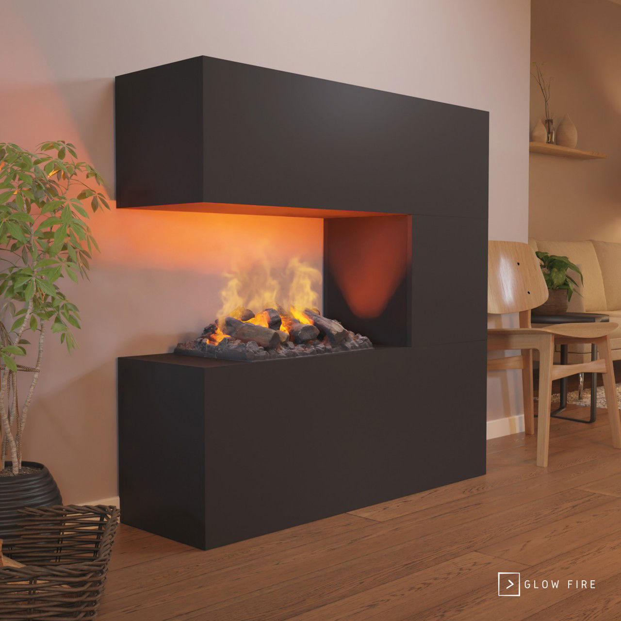 Glow Fire Schiller Elektrokamin Schwarz Opti-Myst Cassette 500 mit Holzdekoration