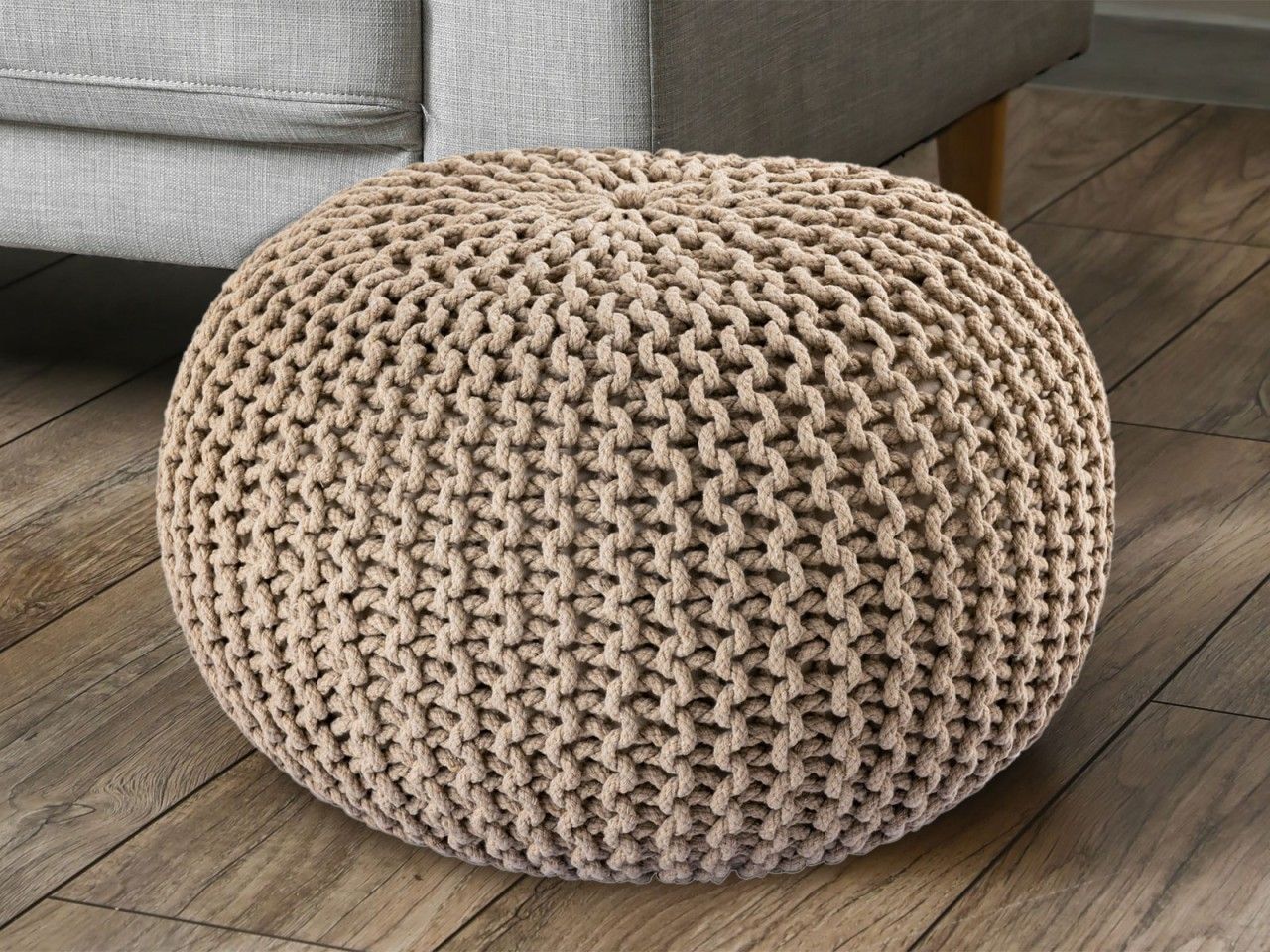 Pouf Ø 55 H 37 H 37 Strickhocker Sitzpouf Bodenkissen nachhaltig beige