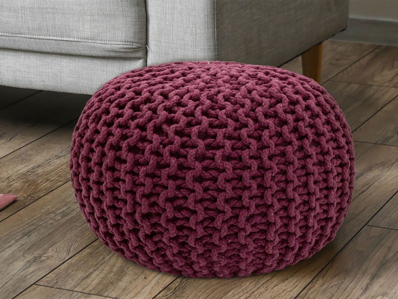 Pouf Ø 55 H 37 H 37 Strickhocker Sitzpouf Bodenkissen nachhaltig bordeaux