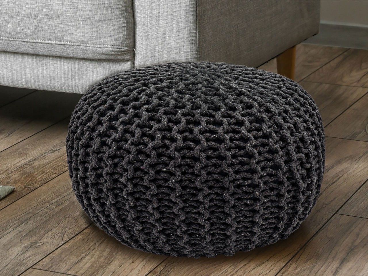 Pouf Ø 55 H 37 H 37 Strickhocker Sitzpouf Bodenkissen nachhaltig steingrau