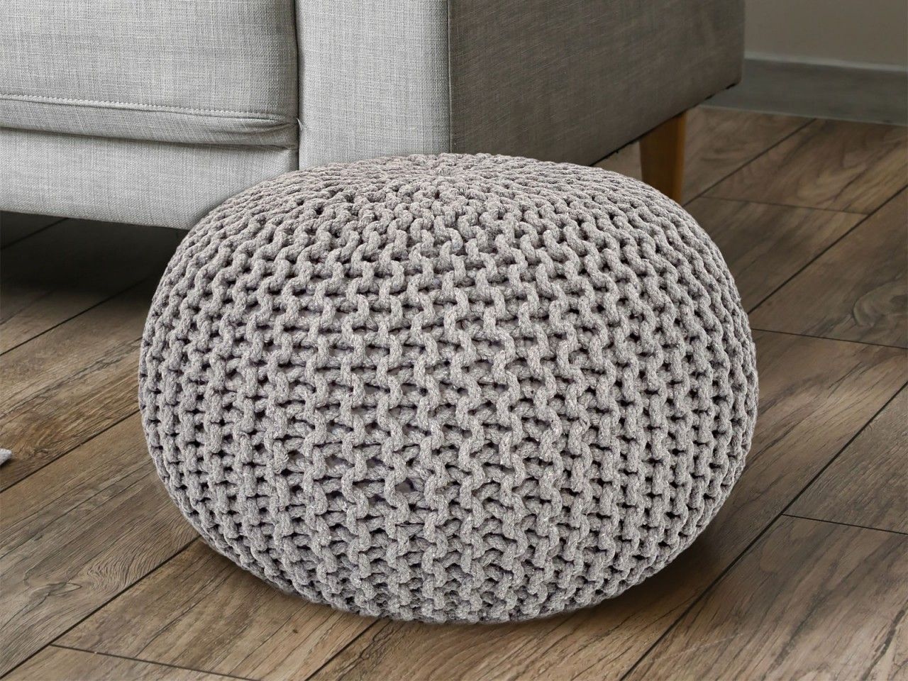 Pouf Ø 55 H 37 H 37 Strickhocker Sitzpouf Bodenkissen nachhaltig hellgrau