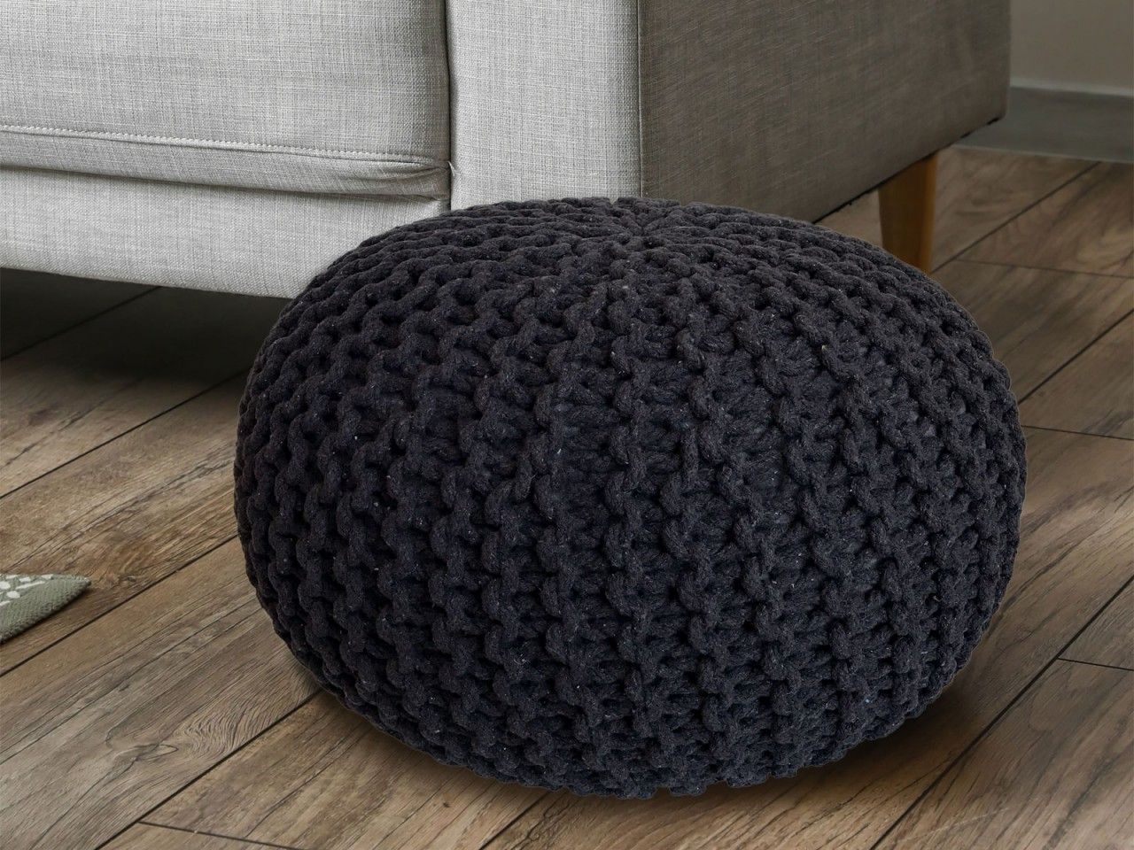 Pouf Ø 55 H 37 H 37 Strickhocker Sitzpouf Bodenkissen nachhaltig schwarz – anthrazit