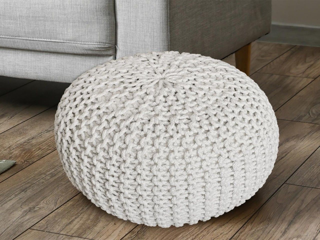 Pouf Ø 55 H 37 H 37 Strickhocker Sitzpouf Bodenkissen nachhaltig weiß