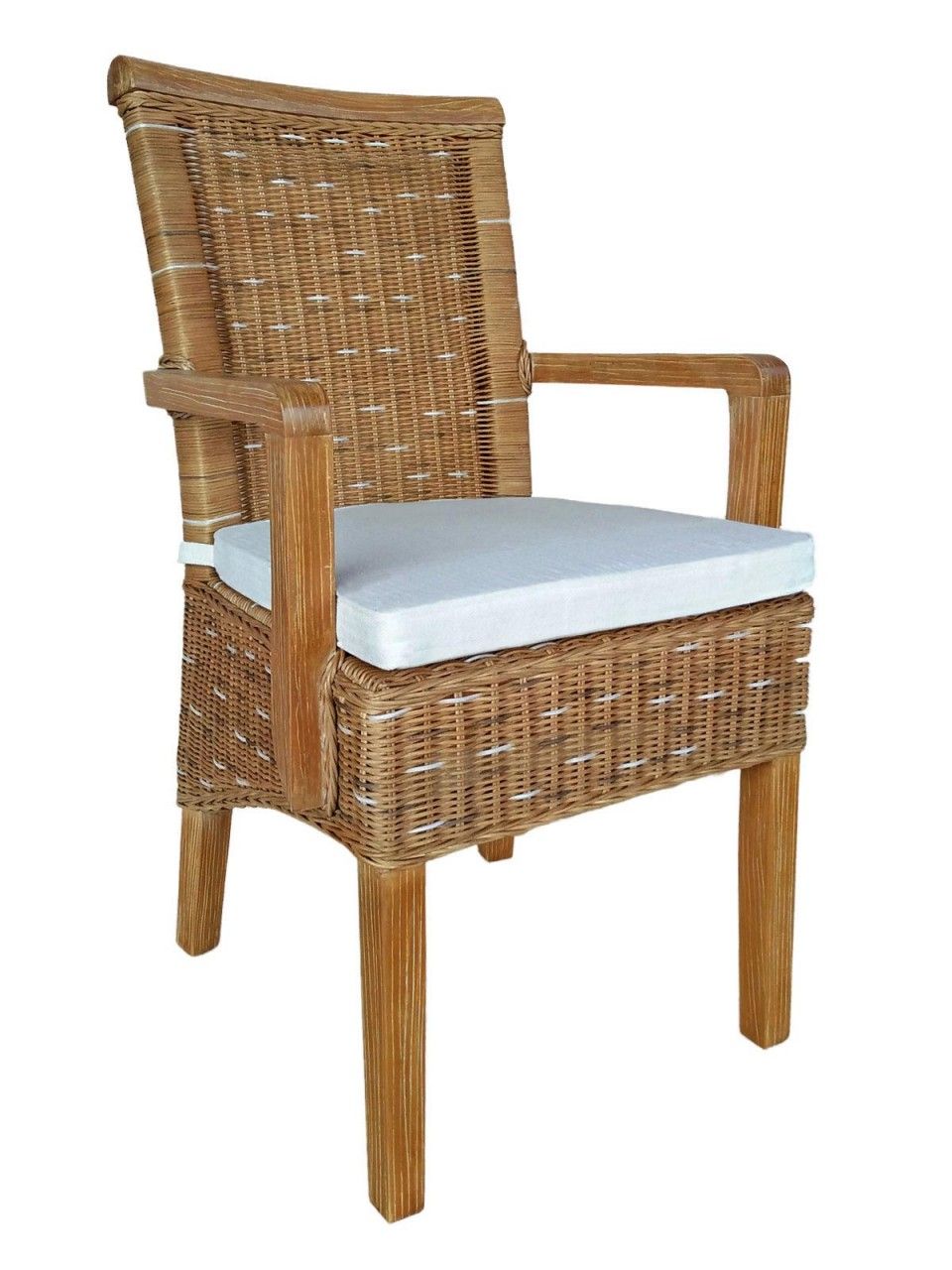 Esszimmer Stuhl mit Armlehnen Rattanstuhl capuccino Perth Korbstuhl Rattan Sessel nachhaltig mit Sitzkissen Leinen weiss