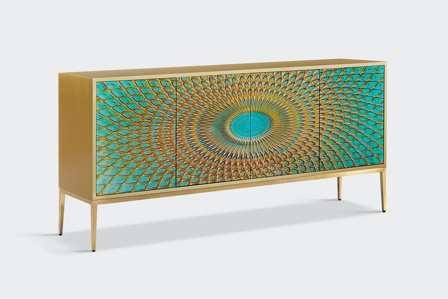 KAWOLA Sideboard LAGO 4 Türen Glas grün Fuß Edelstahl goldfarben