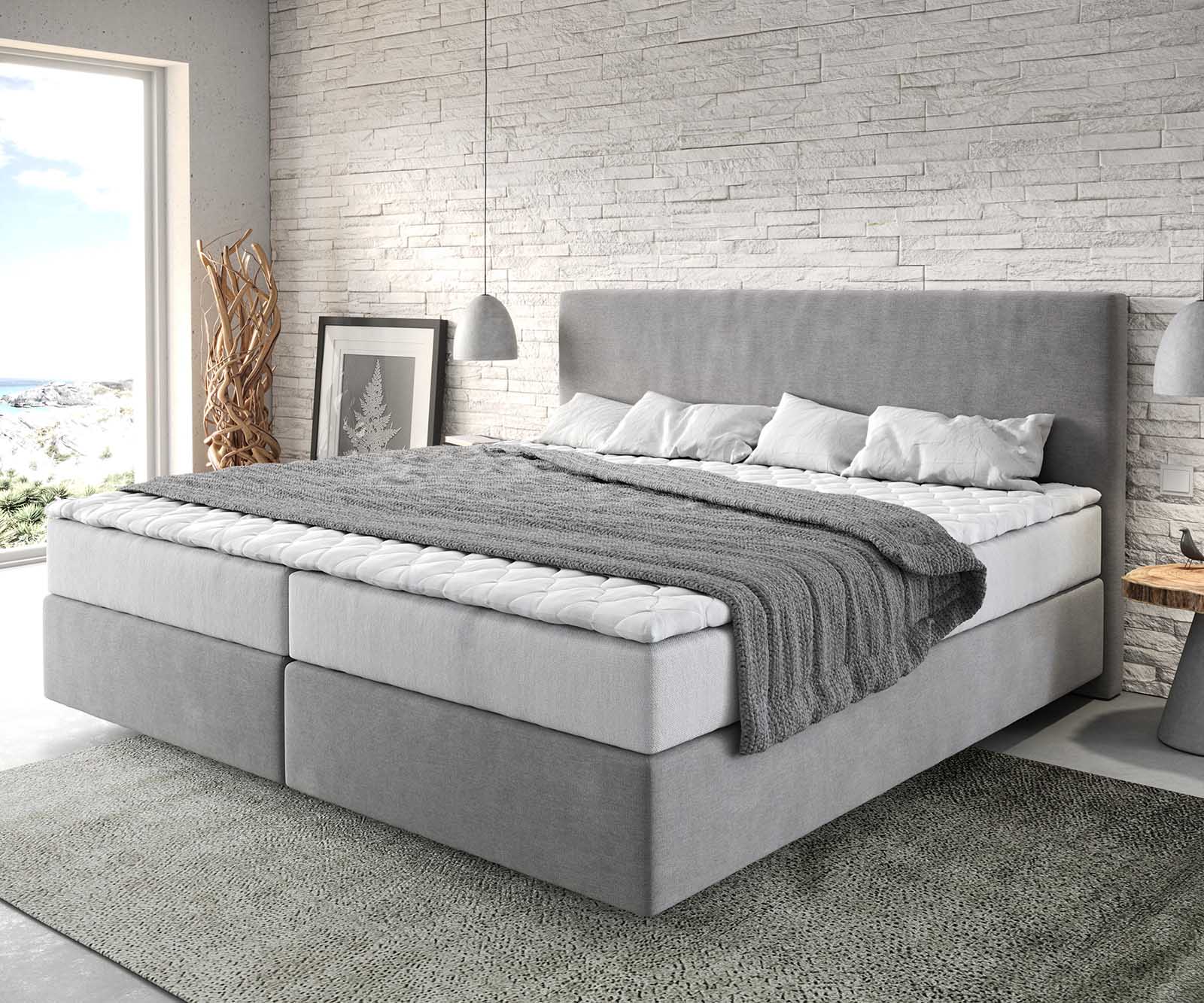 DELIFE Boxspringbett Dream-Well Mikrofaser Grau 200×200 cm mit Taschenfederkernmatratze und Topper Visco, Boxspringbetten