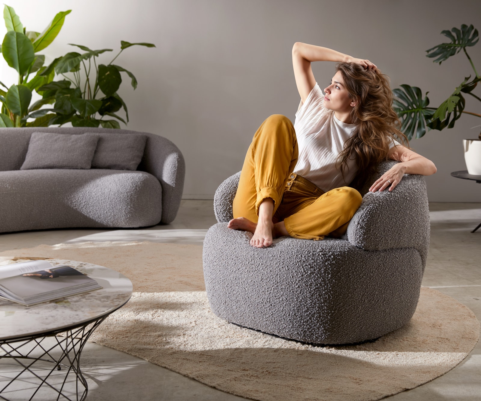 DELIFE Loungesessel Nova 88×88 cm Bouclé Silbergrau, Cocktailsessel