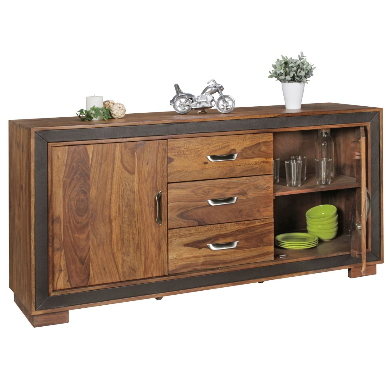 Design Sideboard Sheesham Massivholz mit Kunstleder 160x44x80 cm, Anrichte im rustikalen Landhausstil, Kommode mit Schubladen & Türen