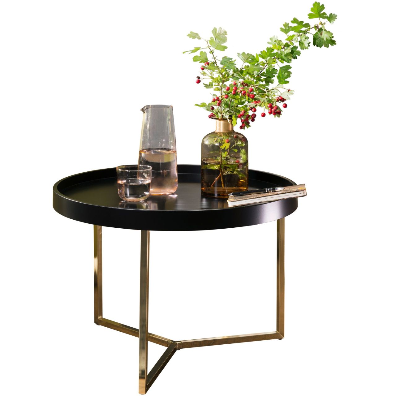 Couchtisch JESI 58,5x42x58,5cm Schwarz / Gold Sofatisch Metall Rund, Designer Retro Wohnzimmertisch modern, Kleiner Loungetisch mit Metallgestell, Runder Tabletttisch mit Holz-Platte