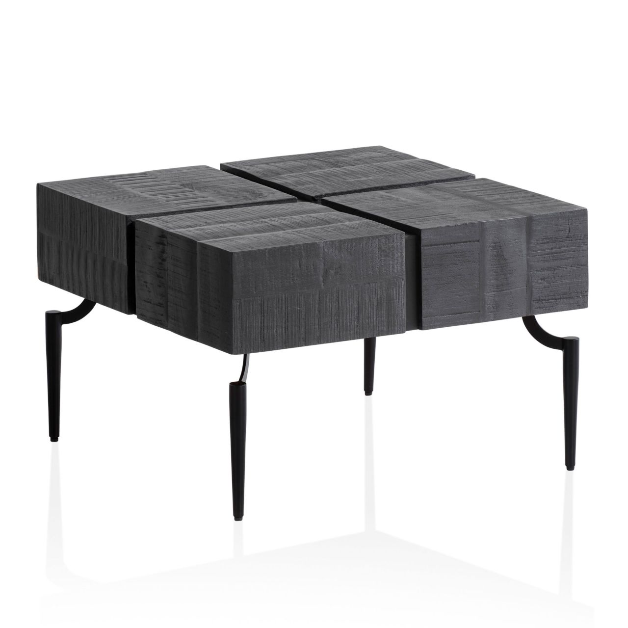 Couchtisch Mango Massivholz 60x60x40 cm Quadratisch mit Metallgestell, Kleiner Sofatisch Würfel-Form, Wohnzimmertisch Couch Modern, Kaffeetisch Cube Schwarz