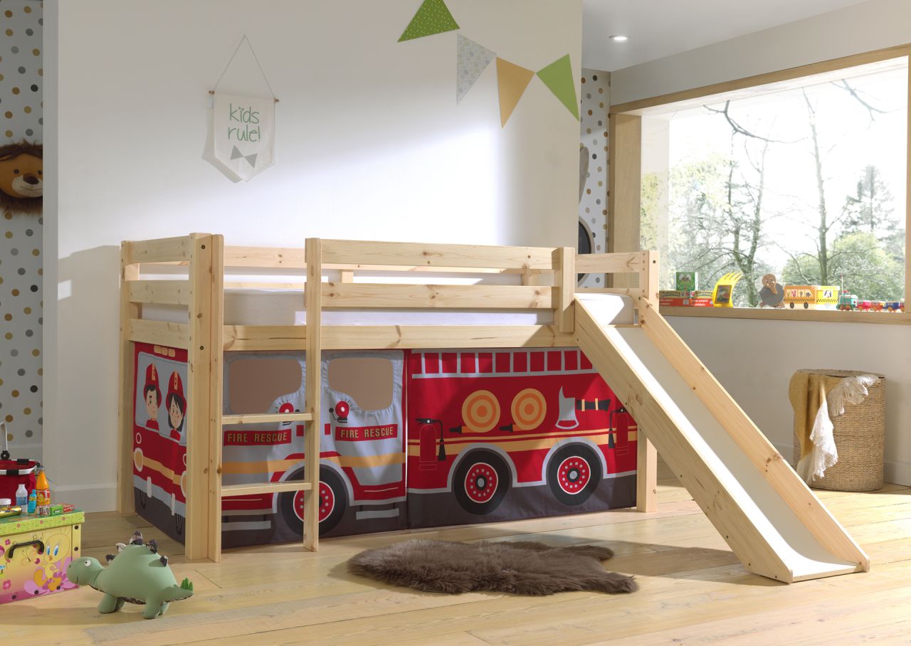 Vipack:“Pino“ Halbhohes Spielbett mit Rutsche und Textilset Feuerwehr – Kiefer