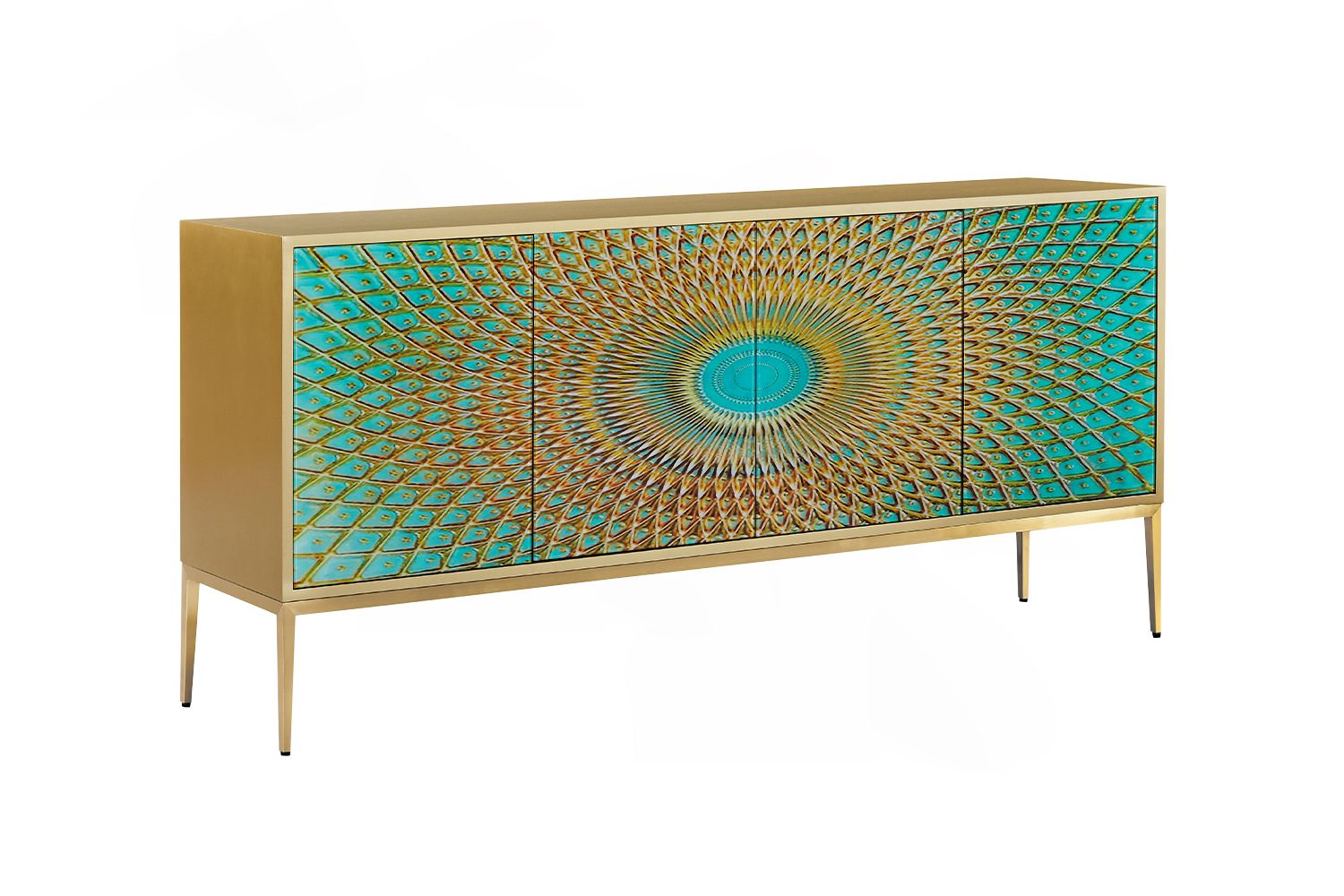 KAWOLA Sideboard LAGO 4 Türen Glas grün Fuß Edelstahl goldfarben