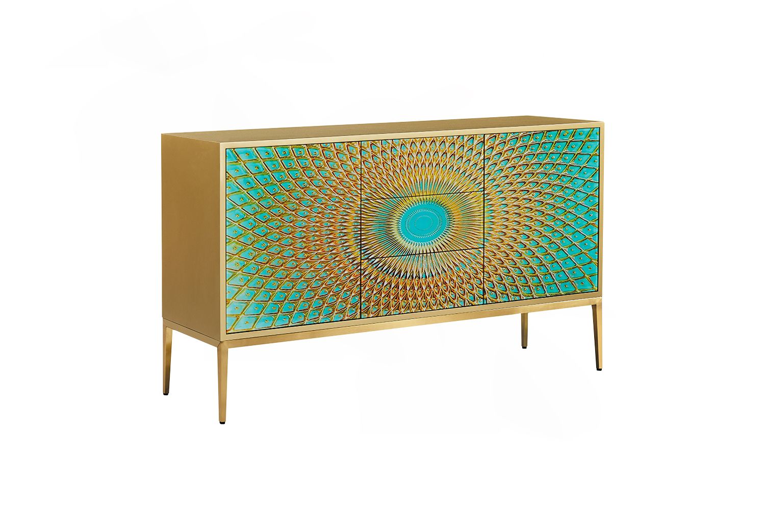 KAWOLA Sideboard LAGO 2 Türen 3 Schubladen Glas grün Fuß Edelstahl goldfarben